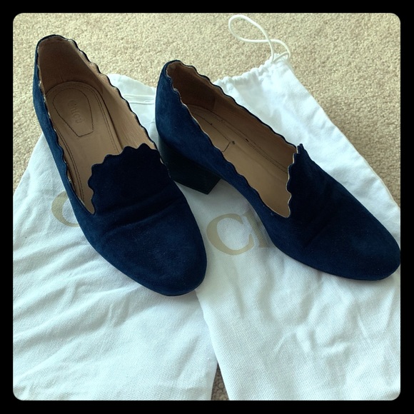 Chloe blue suede scallop loafer pumps, block heels